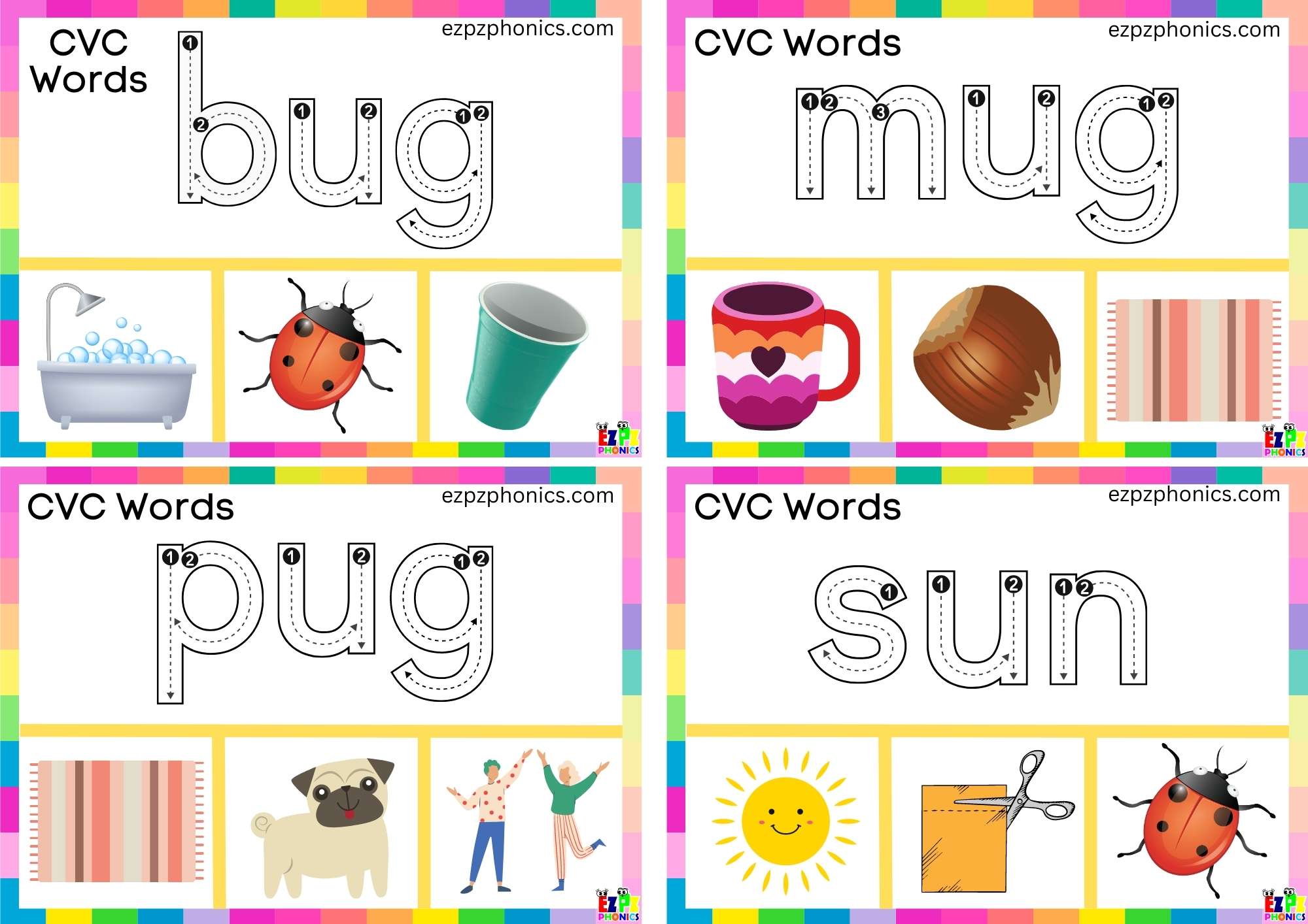 Short u Vowel CVC words Trace the letters and clip the correct image